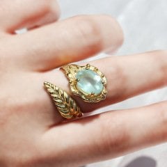 Akuamarin Doğaltaşlı Yaprak Yüzük