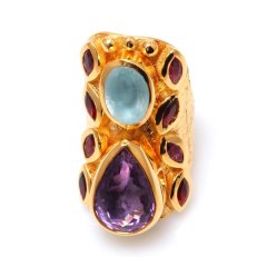 Özel Tasarım Akuamarin, Ametist Ve Turmalin Doğal Taşlı Gümüş Yüzük