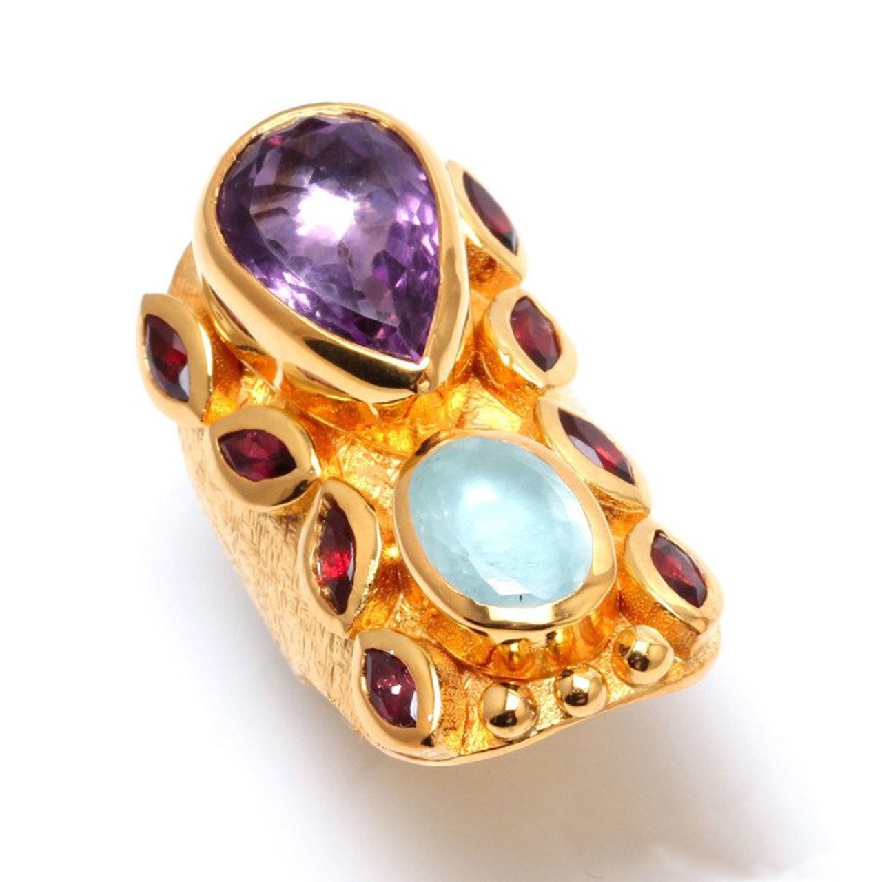 Özel Tasarım Akuamarin, Ametist Ve Turmalin Doğal Taşlı Gümüş Yüzük