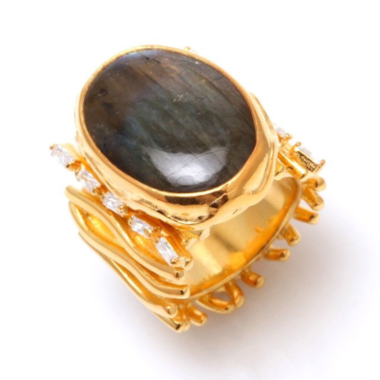 Labradorit Doğal Taşlı 925 Ayar Gümüş Altın Kaplama Özel Tasarım Yüzük