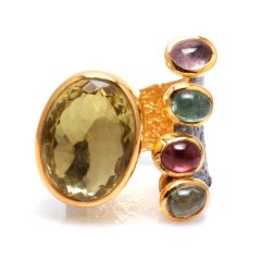 Limon Kuvars Ve Turmalin  Doğal Taşlı 925 Ayar Gümüş  Altın Kaplama Özel Tasarım Yüzük