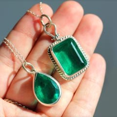 Dublet Zümrüt Doğaltaşlı Gümüş Kolye