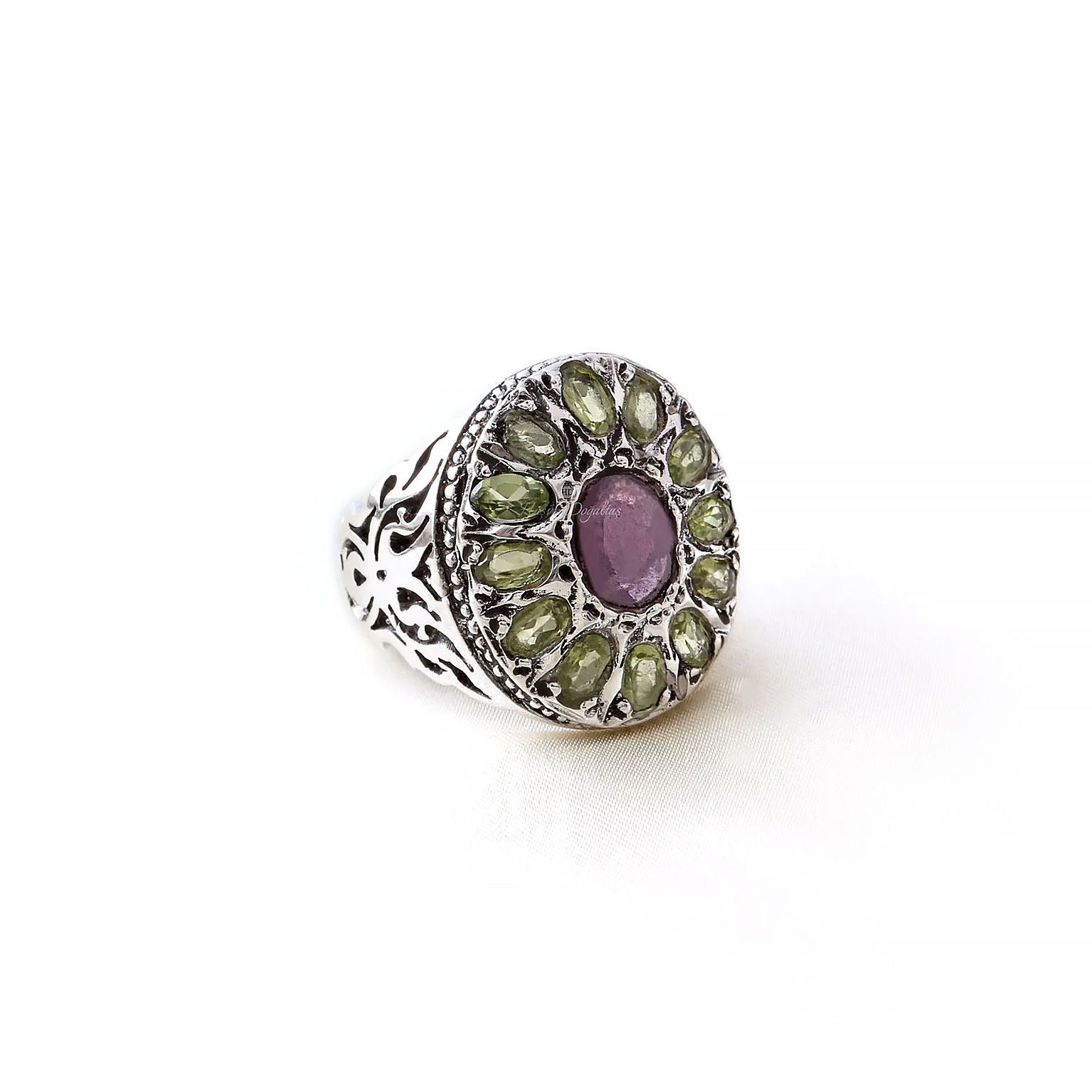 Peridot ve Yakut Doğaltaşlı Gümüş Erkek Yüzük
