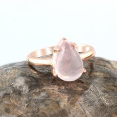 Pembe Kuvars Doğal Taşlı 925 Ayar Gümüş Rose Kaplama Bayan Yüzük