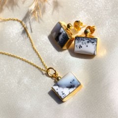 Dendrit Opal Doğaltaşlı Minimal Gümüş Set