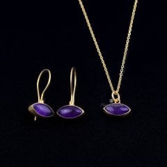 Ametist Doğaltaşlı Minimal Gümüş Set