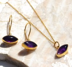 Ametist Doğaltaşlı Minimal Gümüş Set