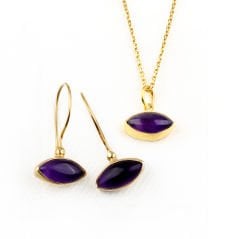 Ametist Doğaltaşlı Minimal Gümüş Set