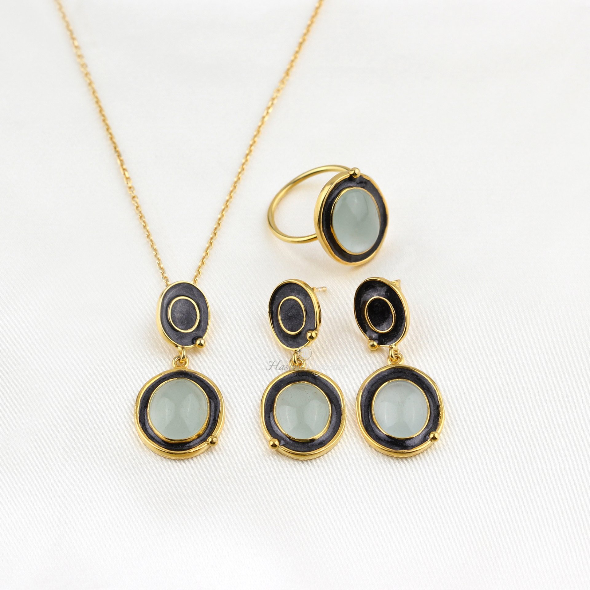 Mineli Akuamarin Doğaltaşlı Gümüş Set