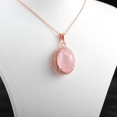 Pembe Kuvars Doğal Taşlı Gümüş Kolye
