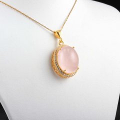 Pembe Kuvars Doğal Taşlı Gümüş Kolye