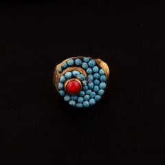 Özel Tasarım Firuze ve Mercan Doğaltaşlı Gümüş Yüzük