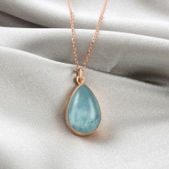 Damla Akuamarin Doğaltaşlı Minimal Gümüş Kolye