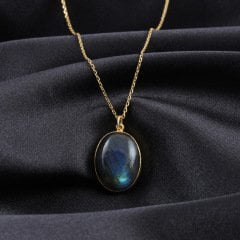 Labradorit Doğaltaşlı Minimal Gümüş Kolye
