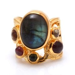 Özel Tasarım Labradorit  Ve Turmalin Doğal Taşlı Gümüş Yüzük