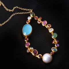 Karışık Doğaltaşlı Özel Tasarım Gümüş Kolye