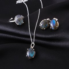 Labradorit Doğaltaşlı Minimal Gümüş Set