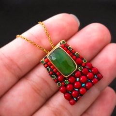 Mercan Ve Serpantin Doğaltaşlı Gümüş Set