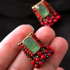 Mercan Ve Serpantin Doğaltaşlı Gümüş Set