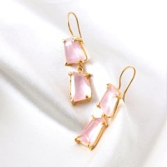 Pembe Kuvars Doğaltaşlı Prong Gümüş Küpe