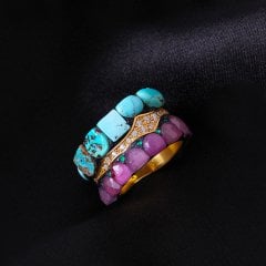 Firuze ve Yakut Doğaltaşlı Özel Tasarım Yüzük