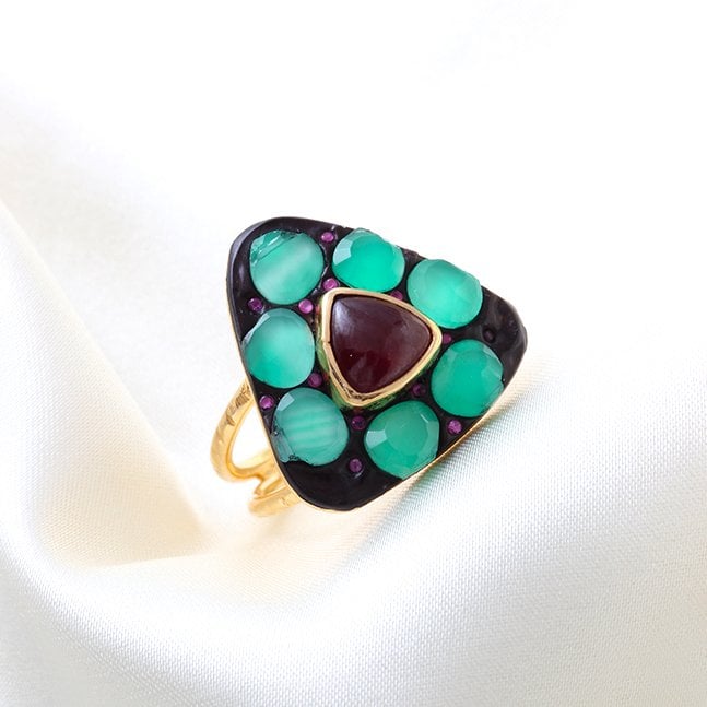 Yeşil Onix, Garnet,Yakut Doğaltaşlı Gümüş Yüzük