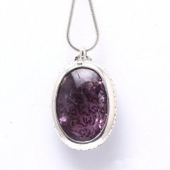 Ametist Taşlı El Yazması kalem suresi Gümüş Kolye Ucu