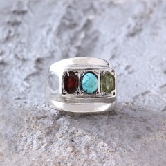 Firuze,Garnet ve Peridot Doğaltaşlı Erkek Gümüş Yüzük