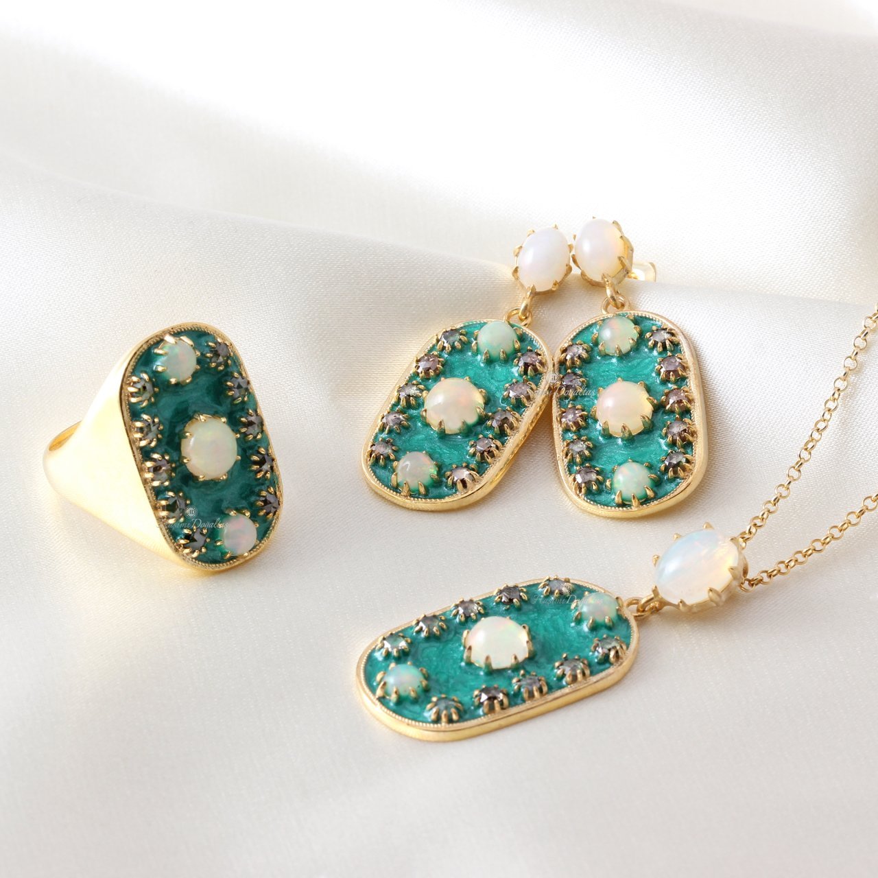 Elmas, Opal Doğaltaşlı Mineli Gümüş Set