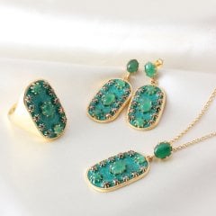 Elmas, Zümrüt Doğaltaşlı Mineli Gümüş Set